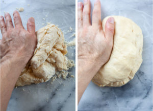Left image is a hand kneading dough ingredients that are loosely formed. Right image is hand kneading dough that is mostly kneaded and ready.