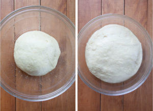 Left image is cinnamon roll dough in a greased bowl. Right image is the same cinnamon roll dough doubled in size.