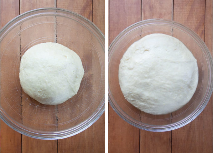 Cinnamon roll dough doubling in size.