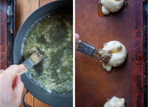 Left image is a brush being dipped into the skillet to get some garlic butter. Right image is the brush on top of the garlic knot on a baking sheet.