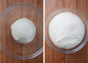 Let image is the ball of dough in a greased bowl. Right image is the same dough after it has risen and doubled in size.
