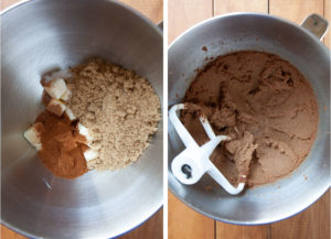 Left image is cinnamon roll filling ingredients in a mixing bowl. Right image is cinnamon filling ingredients blended together.