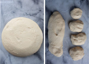Left image is dough on a marble surface. Right image is dough divided into 1 large piece and four smaller pieces, showing the size of how each dough should look.
