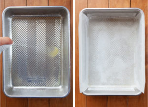 Left image is a hand spraying cooking oil into a baking pan. Right image is the same pan lined with parchment paper.