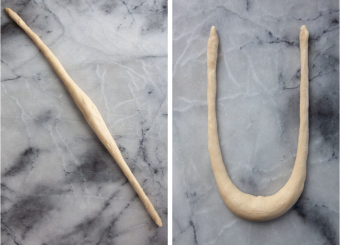 Left image is a rope of pretzel dough on a marble surface. Right image is the rope of dough formed in the shape of a U.