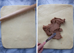Left image is cinnamon roll dough rolled out into a rectangle with rolling pin on top of it. Right image is cinnamon roll filling being spread out onto the dough.
