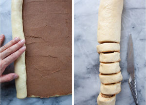 Left image is a hand rolling the cinnamon and filling dough up into a tight log. Right image is the cinnamon roll log cut into disks.