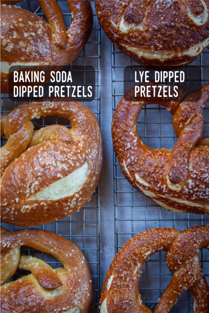 American style soft pretzels dipped in baking soda on the left compared to Bavarian style pretzels dipped in lye on the right.