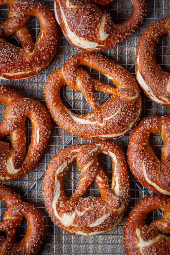 Bavarian Pretzels on a wire cooling rack.