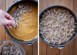 Left image is hand sprinkling the cold streusel topping over the cake. Right image is the streusel sprinkled all over the cake with it ready to be baked.
