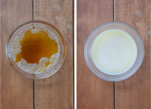 Left image is liquid brown butter in a bowl. Right image is solidified cold brown butter in a bowl.