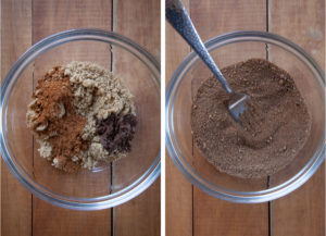 Left image is the filling ingredients of pumpkin spice, brown sugar and cocoa powder in a bowl. Right image is filling ingredients mixed together with a fork.