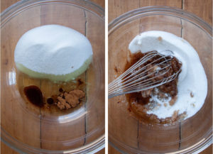 Left bowl is cake ingredients of sugar, pumpkin spice, vanilla and vegetable oil in a bowl. Right image is the ingredients being mixed together with a whisk.