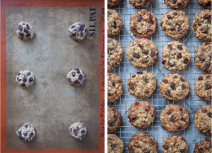 Left image is raw cookie dough balls on a silicon mat lined baking sheet ready to be baked. Right image is oatmeal raisin cookies on a wire rack cooling.