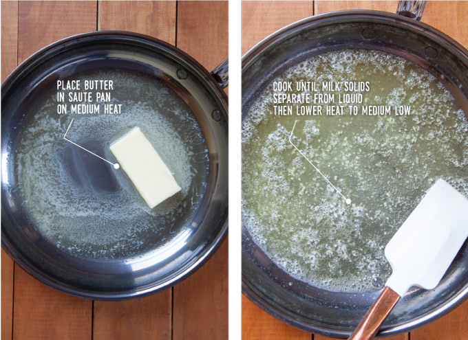 Left image is a stick of butter in a pan starting to melt. Right image is the butter melted with the milk solids at the bottom of the pan, with a spatula in the pan.