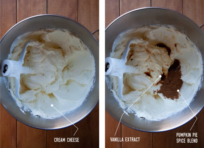 Left image is cream cheese mixed in the bowl of a stand mixer with the paddle attachment in the bowl. Right image is vanilla extract and pumpkin pie spice added to the bowl of cream cheese.