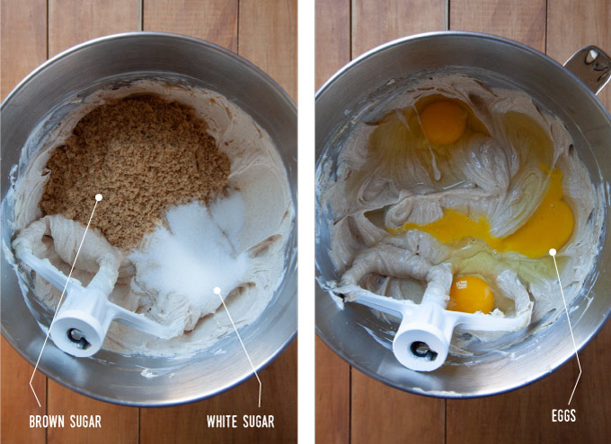 Left image is brown and white sugar added to a bowl of spiced cream cheese. Right image is three eggs added to the bowl.