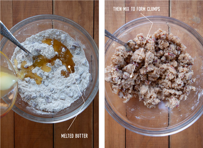 Left image is melted butter being added to the crumb toppings ingredients in a bowl. Right image is the crumb topping with everything mixed in a bowl.