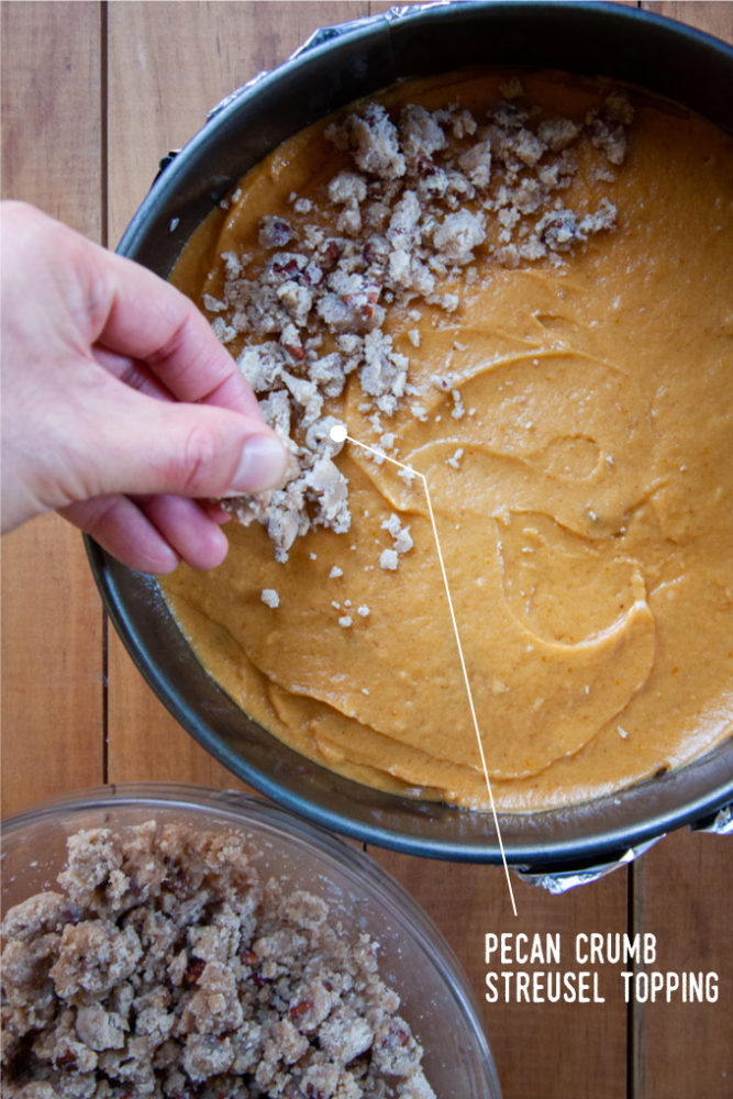 A hand sprinkling cold pecan streusel crumb topping over the cake in a springform pan.