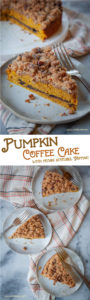 This pumpkin coffee cake has a pecan streusel topping and is easy-to-make but looks and tastes like it came from a professional bakery or coffee shop! #pumpkin #coffeecake #pecan #recipe #baking #autumn #fall #winter #pumpkinspice