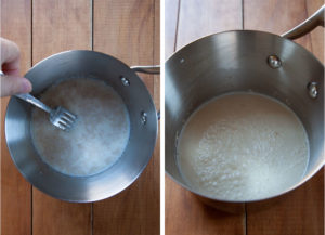 Left image is warm milk, water and yeast being stirred together with a fork in a small pan. Right image is the liquid after it has proofed with bubbles on top.