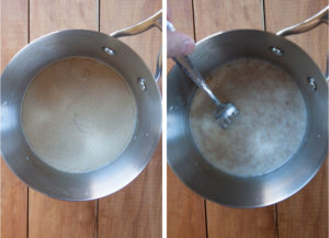 Left image is yeast sprinkled over warm milk in a small saucepan. Right image is a fork stirring the yeast into the milk to dissolve it.
