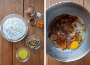 Left image is bowls of ingredients for the dough including flour, salt, egg, butter, brown sugar, orange zest, cinnamon, cloves, nutmeg. Right image is all those ingredients in the bowl of a stand mixer.