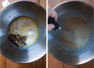 Left image is wet ingredients for the dough in a mixing bowl including milk, yeast, cardamom, vanilla, eggs, melted butter, sugar. Right image is a whisk mixing all the wet ingredients together.