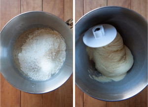 Left image is flour added to the mixing bowl with the wet ingredients. Right image is the dough after it has been kneaded wrapped around the dough hook.