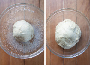 Left image is the dough in a greased bowl. Right image is the dough after an hour where it has risen and doubled in size.