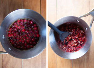 Left image is ingredients for the cranberry filling in a small saucepan. Right image is the pecans and crystallized ginger being added to the filling after it is cooked.