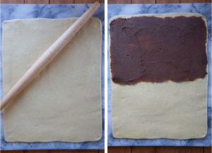 Left image is the cardamom bun dough rolled out into a rectangle. Right image is the filling spread out over the top half of the dough..
