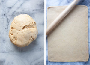 Left image is the dough on a clean surface. Right image is the dough rolled out into a 12 by 15 inch rectangle.