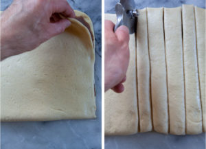 Left image is a hand folding the dough over, sandwiching the filling between dough. Right image is a hand using a pizza cutter to cut strips of dough about 1-inch wide.