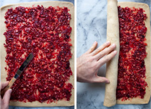 Left image is an offset spatula spreading the cranberry filling out over the rolled out dough. Right image is a hand rolling up the dough into a log.