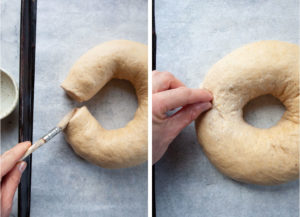 Left image is a brush wetting the ends of the ring of dough. Right image is a hand pinching the dough together into a ring.