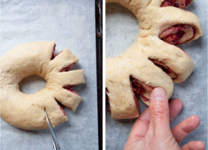 Left image is scissors cutting into the ring at 1-inch intervals. Right image is a hand twisting each piece to show the spiral dough.