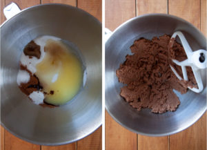 Left image is sugar, cocoa powder, melted butter, vanilla, salt and baking soda in a metal mixing bowl. Right image is ingredients mixed together.