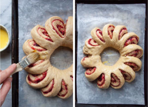 Left image is a hand brushing egg wash over the bread ring. Right image is the bread ring ready to be baked.