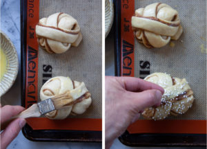 Left image is a hand brushing an egg wash over the unbaked cardamom knot. Right image is a hand sprinkling Swedish pearl sugar over the cardamom bun.