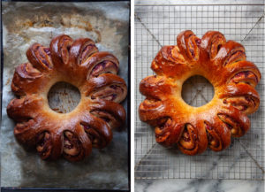 Left image is the baked bread ring. Right image is the bread ring on a wire cooling rack.