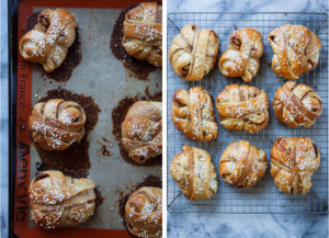 Left image is the cardamom buns baked on a baking sheet. Right image is the cardamom buns cooling on a wire rack.