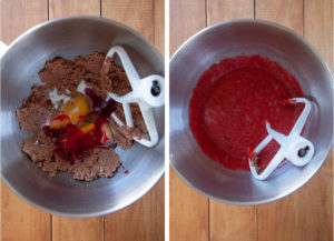 Left image is a sugary cocoa paste in a bowl with eggs, red food coloring and milk added. Right image is the ingredients mixed together.