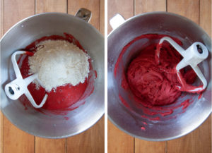 Left image is flour added to the cookie dough ingredients in a metal bowl. Right image is the dough mixed.