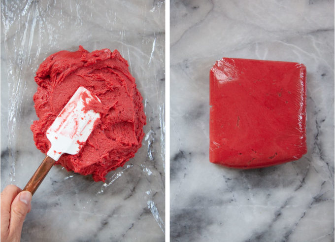 Left image is a spatula over red velvet crackle cookie dough on a piece of plastic wrap. Right image is the dough wrapped tightly in a rectangle shape.