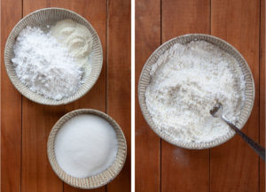 Left image is powdered sugar and buttermilk in a bowl with granulated sugar in another bowl. Right image is the buttermilk and powdered sugar mixed together with a fork in a bowl.