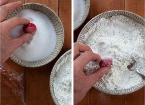 Left image is the ball of dough being rolled in granulated sugar. Right image is the same ball being rolled in a powdered sugar and buttermilk powder mix.