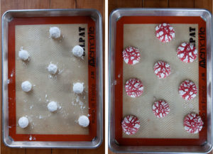 Left image is the cookie dough unbaked on a baking sheet. Right image is the cookies baked.