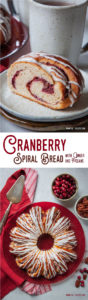 This stunning holiday cranberry spiral bread is inspired by a Swedish tea ring but has a cranberry, ginger, and pecan fruit filling that will make your holiday table look spectacular. #cranberry #holiday #baking #recipe #bread #yeast #pecans #ginger #christmas