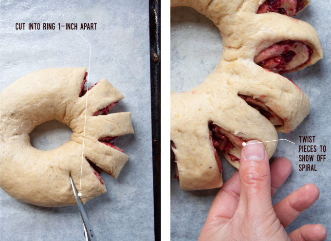 Left image is scissors cutting the dough ring at 1-inch intervals. Right image is a hand twisting each piece to show off the spiral in the bread.